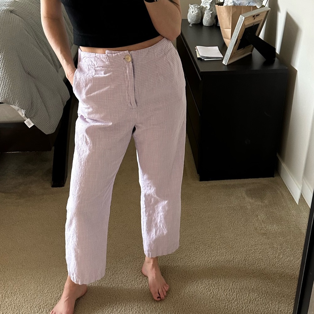 Free people purple, and white checkered trousers